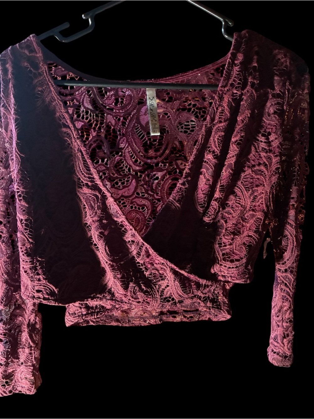 NWT RnB Burgundy Floral Lace Faux-Wrap Cropped Top Long Sleeve XL - Picture 2 of 8